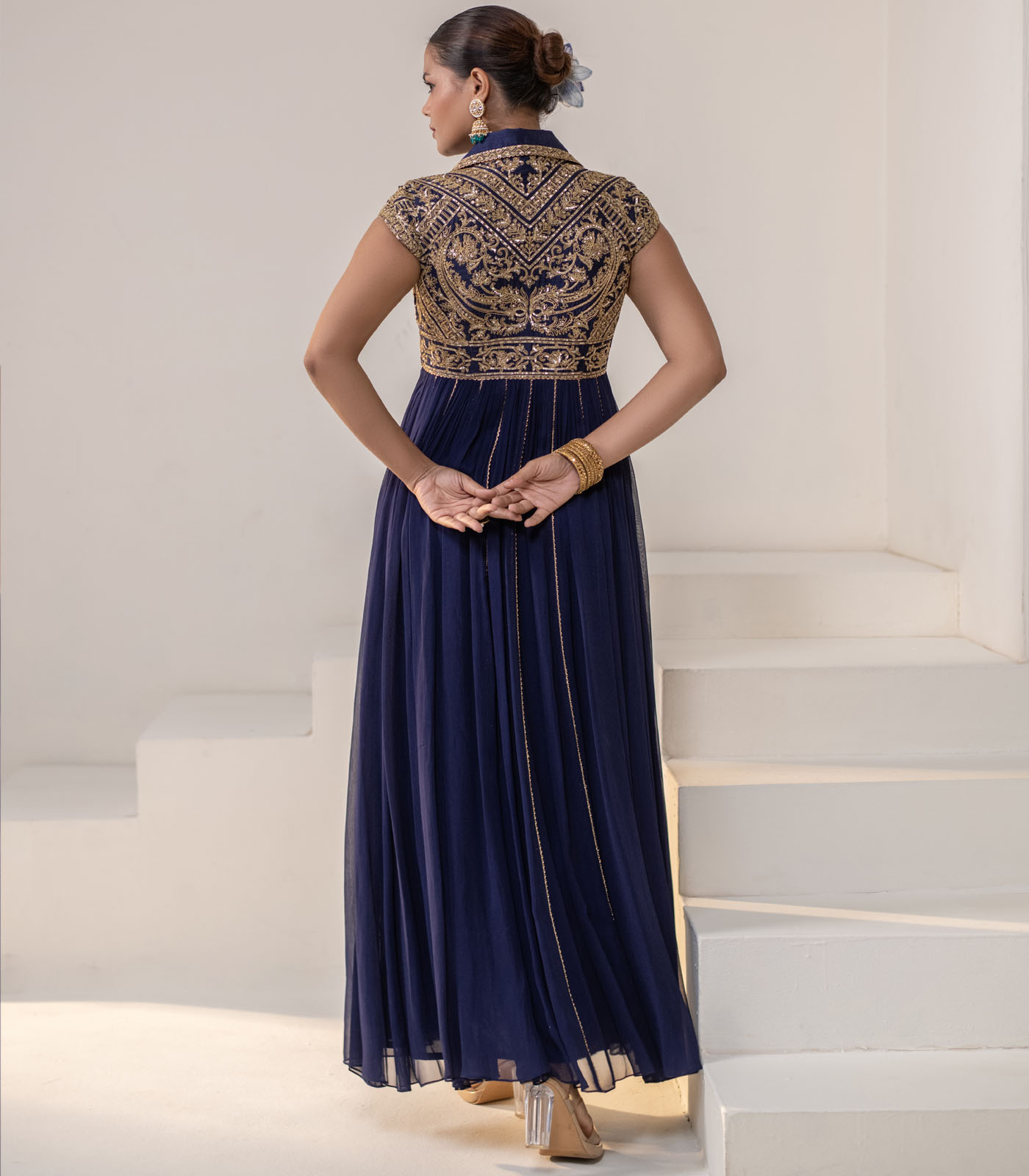 Royal Navy Blue Lapel Collar Anarkali Gown Designer - Image 5