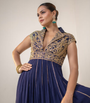 Royal Navy Blue Lapel Collar Anarkali Gown Designer