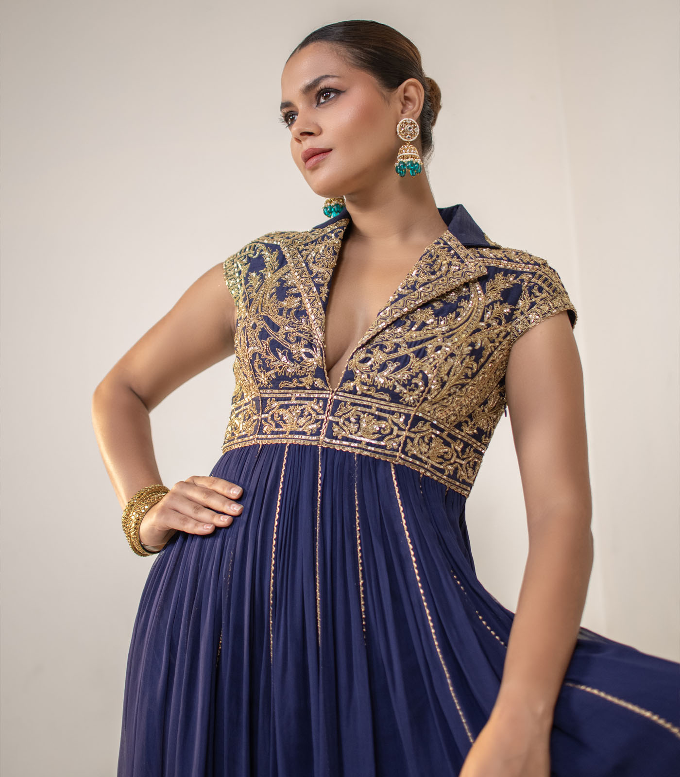 Royal Navy Blue Lapel Collar Anarkali Gown Designer - Image 2
