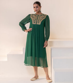 Emerald green Embellished Yoke Georgette Kurta deigner Dress