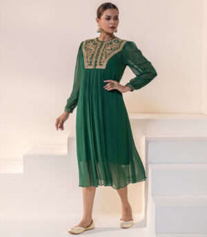 Emerald green Embellished Yoke Georgette Kurta deigner Dress