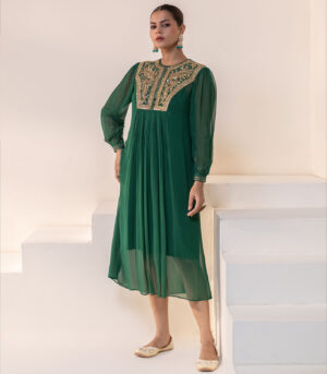 Emerald green Embellished Yoke Georgette Kurta deigner Dress