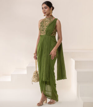 Olive green HALTER NECK GOLD EMBELLESHED DRAPE SAREE GOWN