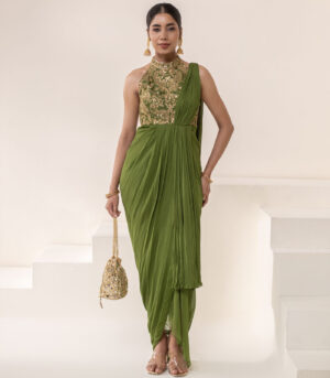 Olive green HALTER NECK GOLD EMBELLESHED DRAPE SAREE GOWN
