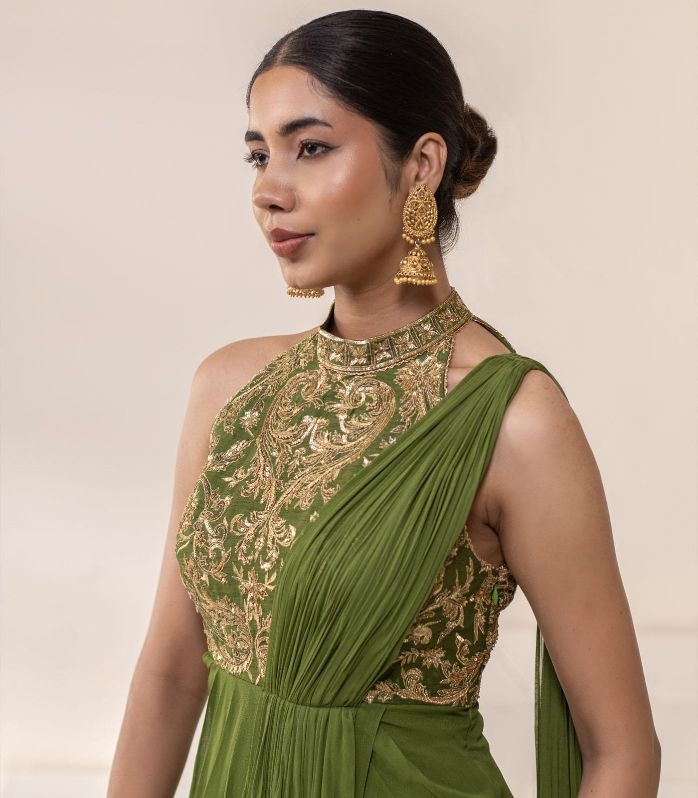Olive green HALTER NECK GOLD EMBELLESHED DRAPE SAREE GOWN - Image 3