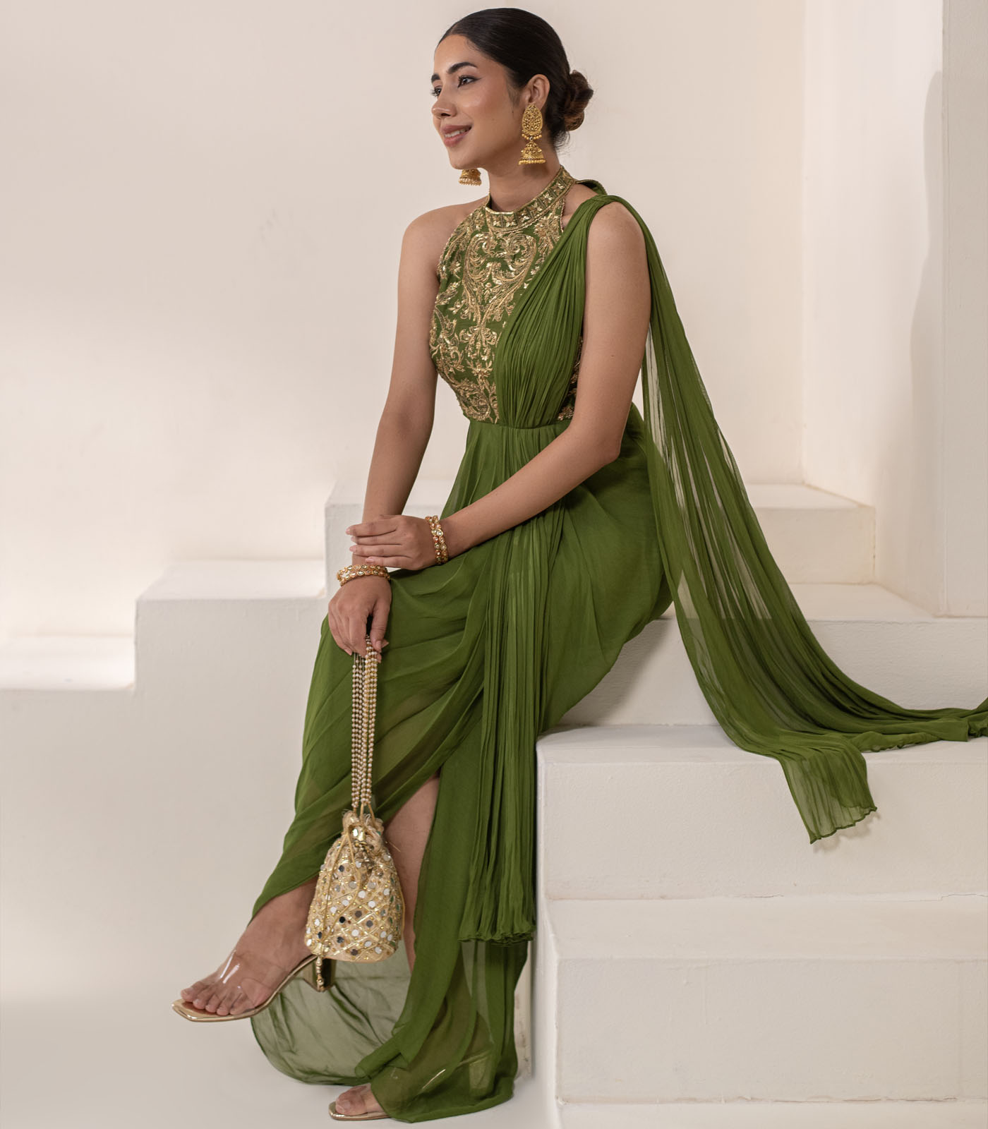 Olive green HALTER NECK GOLD EMBELLESHED DRAPE SAREE GOWN - Image 4