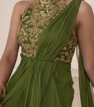 Olive green HALTER NECK GOLD EMBELLESHED DRAPE SAREE GOWN