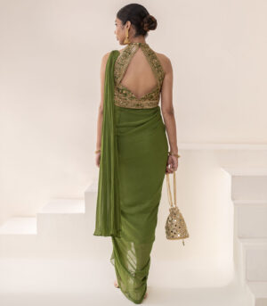 Olive green HALTER NECK GOLD EMBELLESHED DRAPE SAREE GOWN