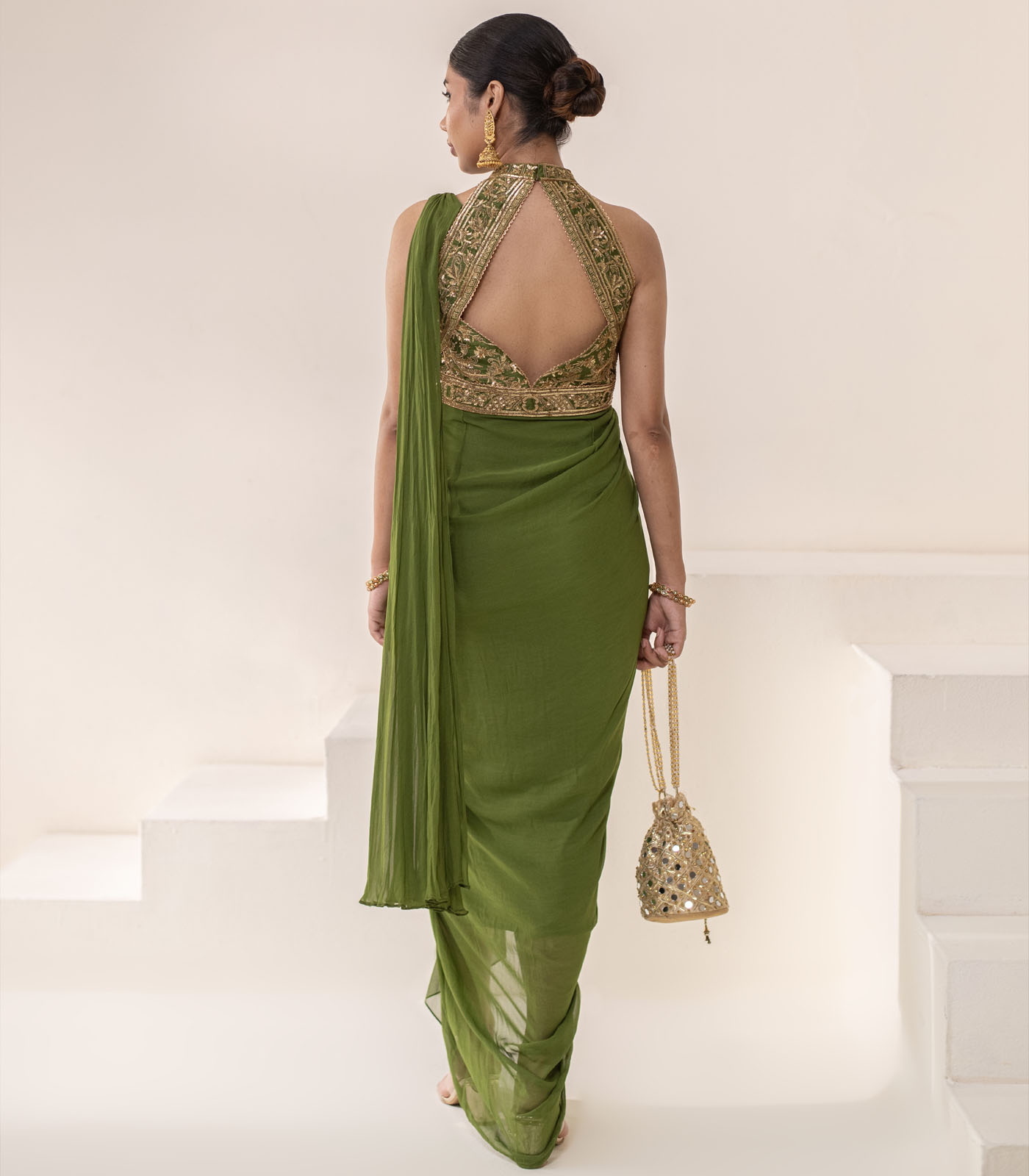 Olive green HALTER NECK GOLD EMBELLESHED DRAPE SAREE GOWN - Image 6