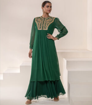 Emerald green Embellished Yoke Georgette Kurta deigner Dress