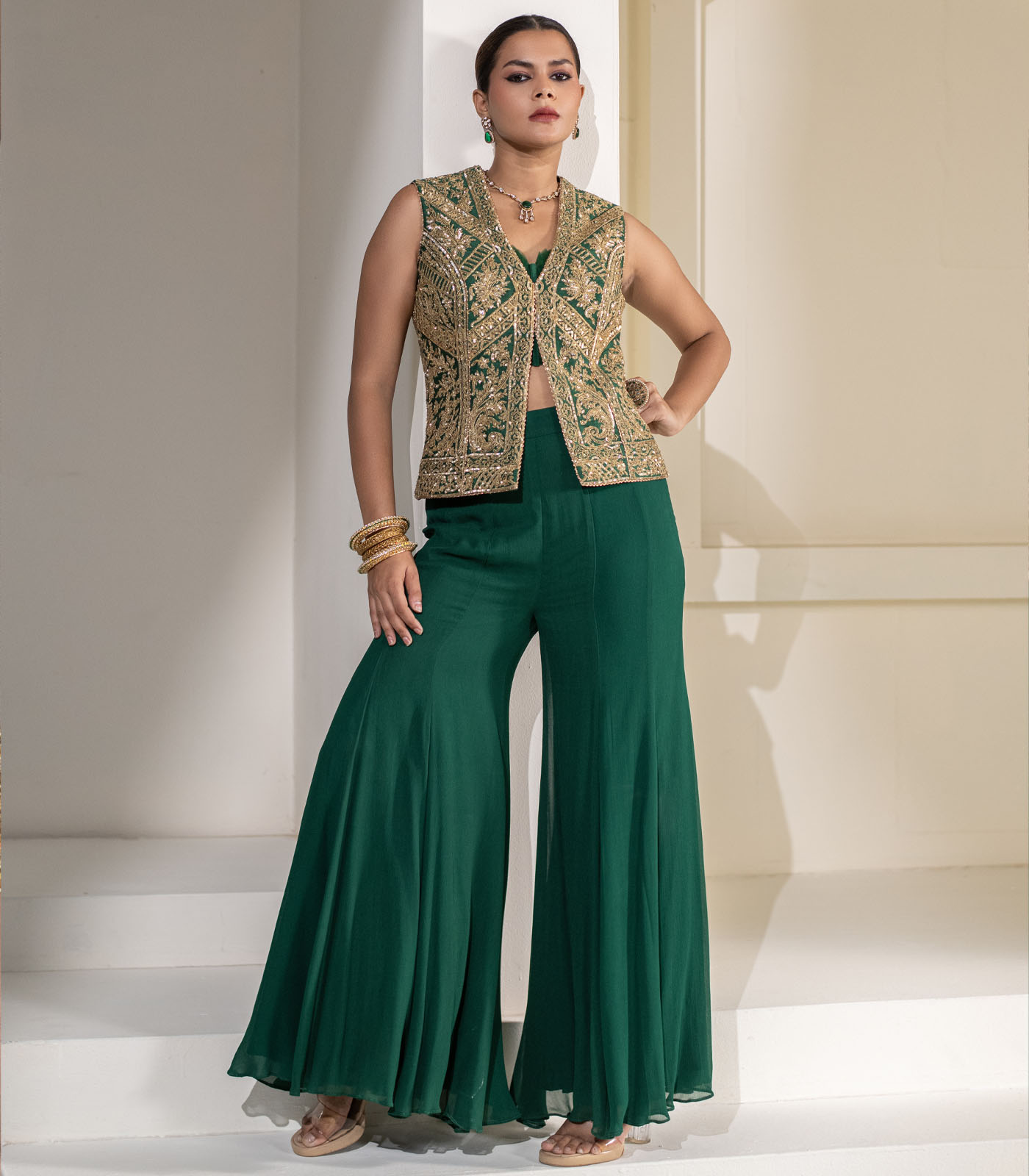 Emerald green Heavy Embellished ethnic designer Jacket Set