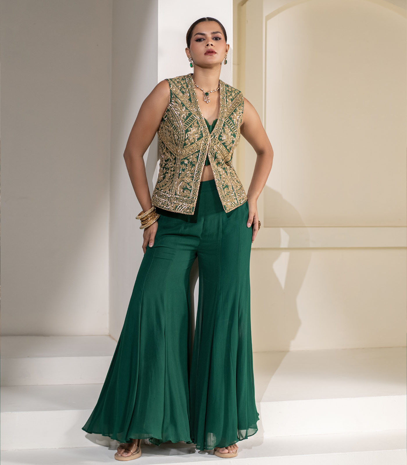 Emerald green Heavy Embellished ethnic designer Jacket Set - Image 3