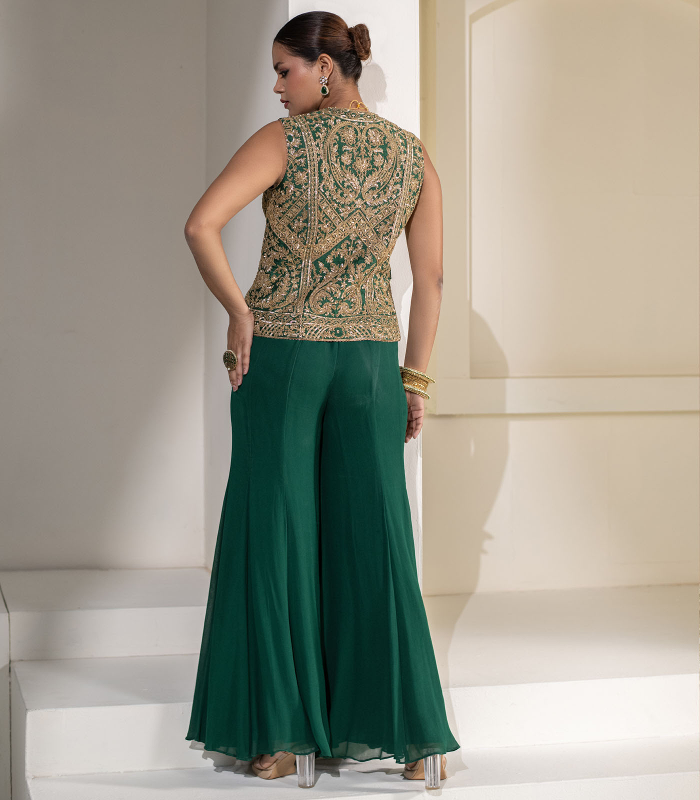 Emerald green Heavy Embellished ethnic designer Jacket Set - Image 4