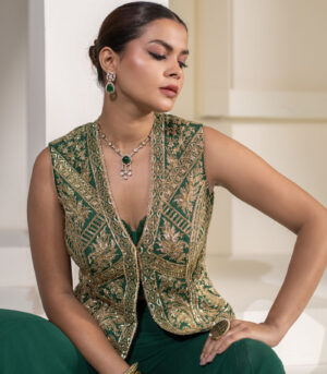 Emerald green Heavy Embellished ethnic designer Jacket Set