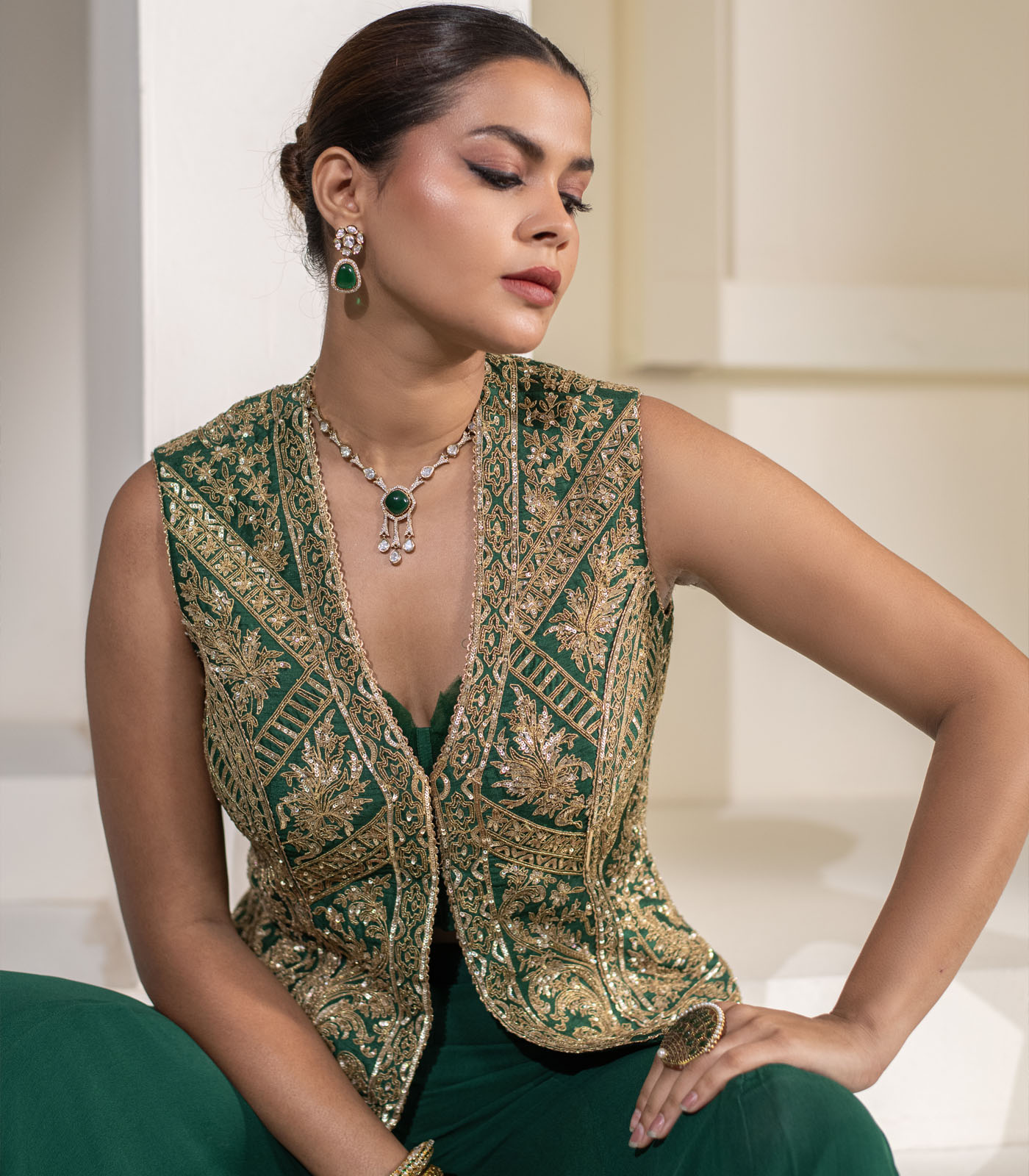 Emerald green Heavy Embellished ethnic designer Jacket Set - Image 5