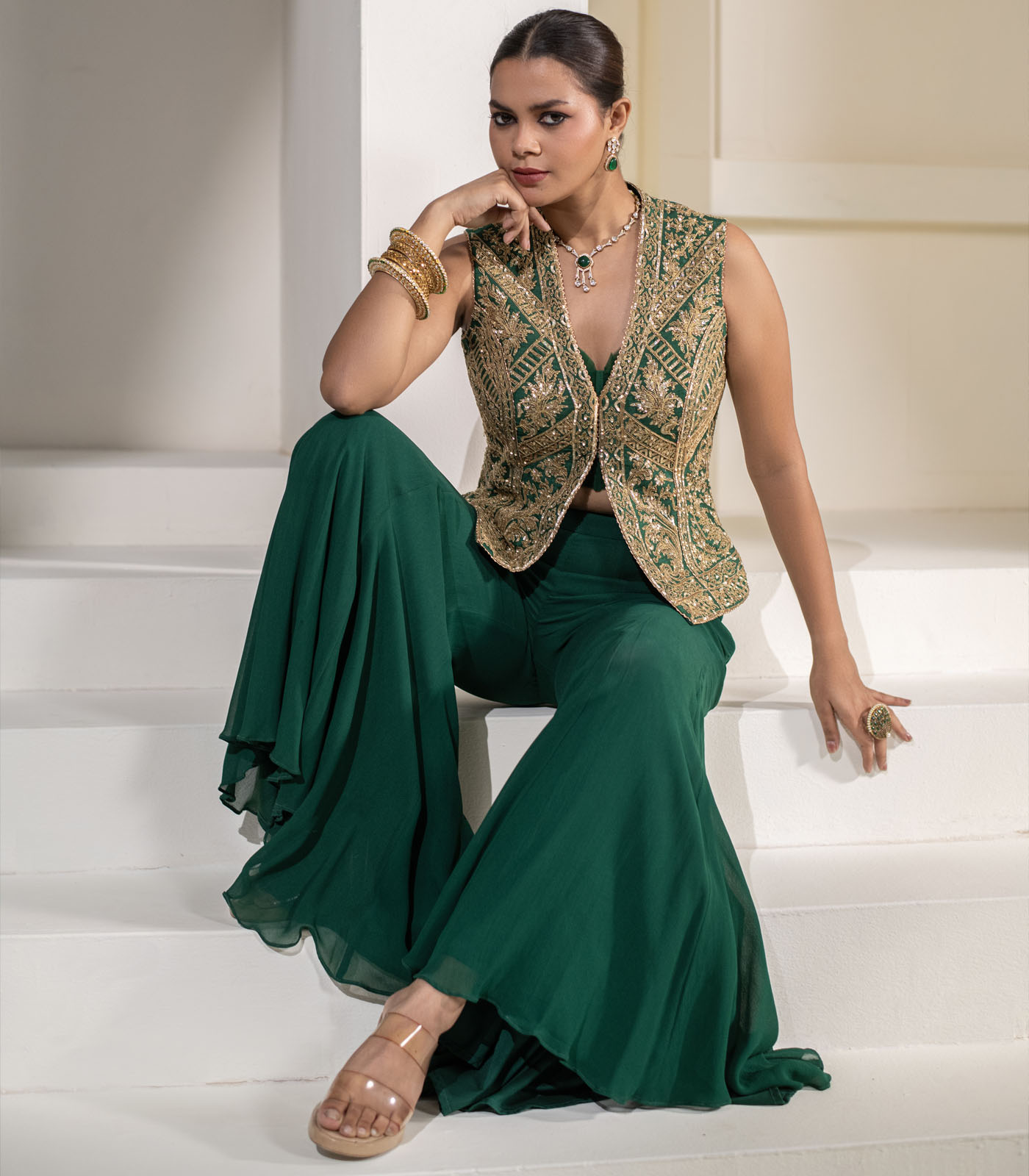 Emerald green Heavy Embellished ethnic designer Jacket Set - Image 2