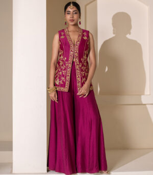 Magenta Purple Fully Embellished Jacket Sharara designer Set
