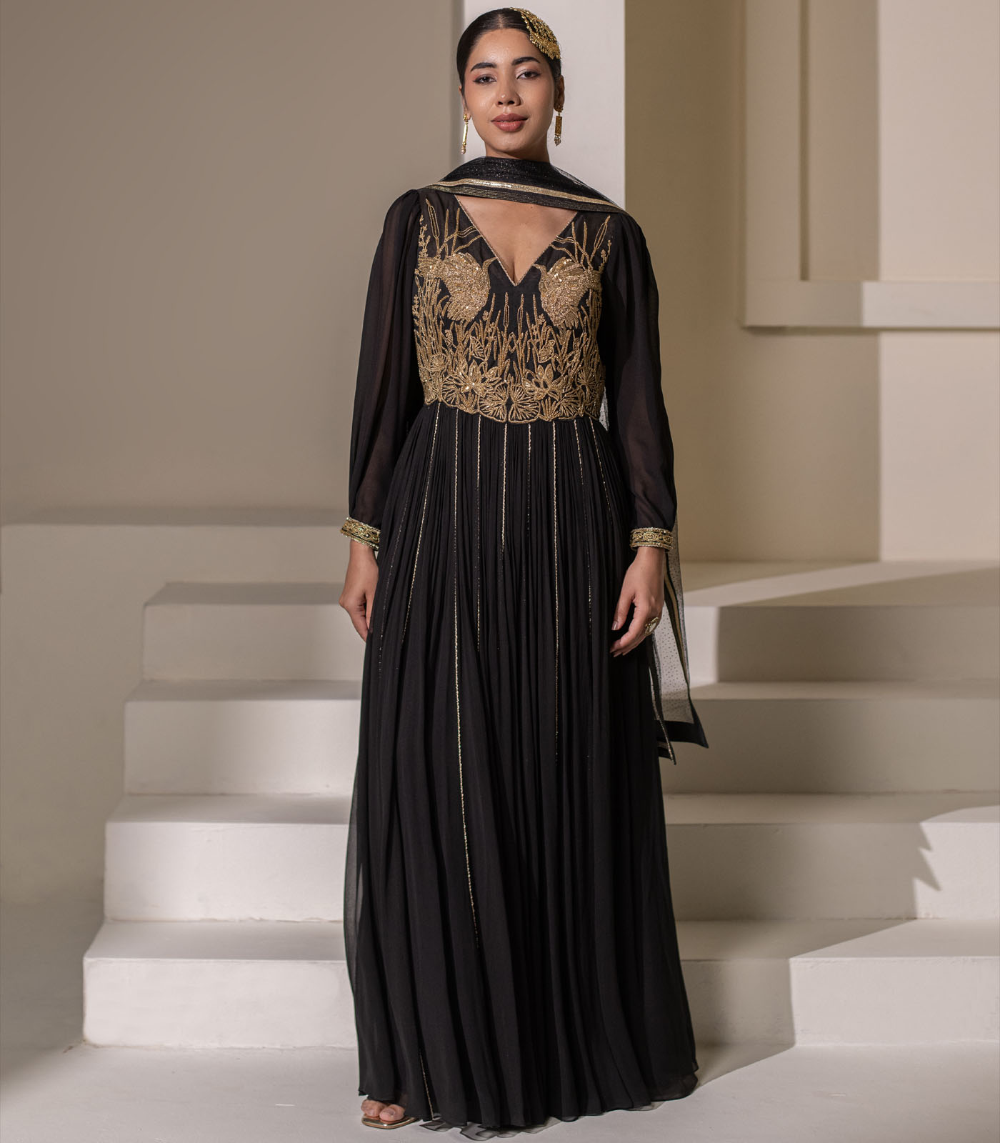 Black Georgette Heavy Embellished V-Neck Anarkali Gown