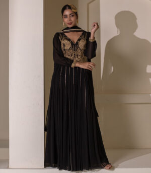 Black Georgette Heavy Embellished V-Neck Anarkali Gown