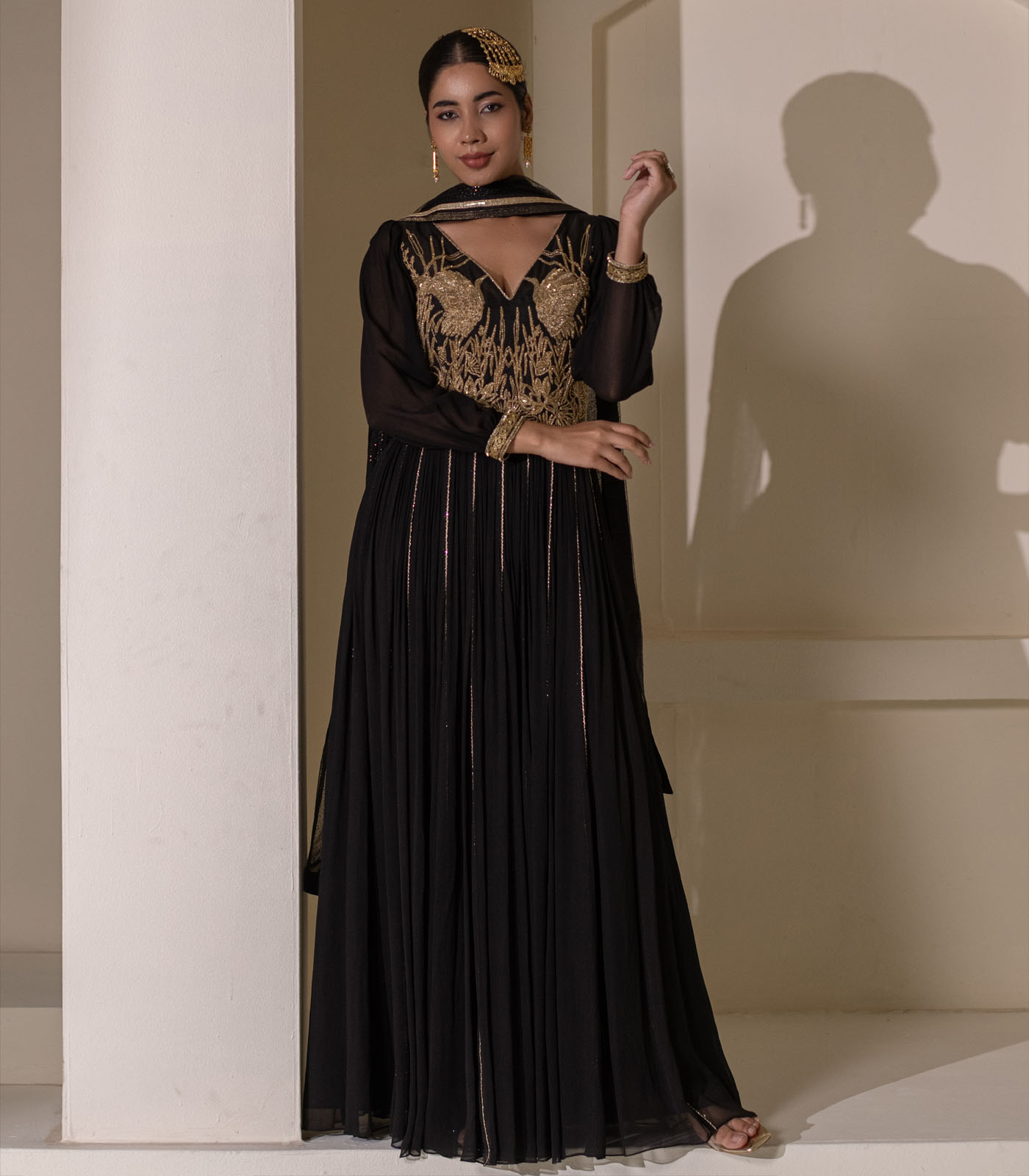 Black Georgette Heavy Embellished V-Neck Anarkali Gown - Image 2