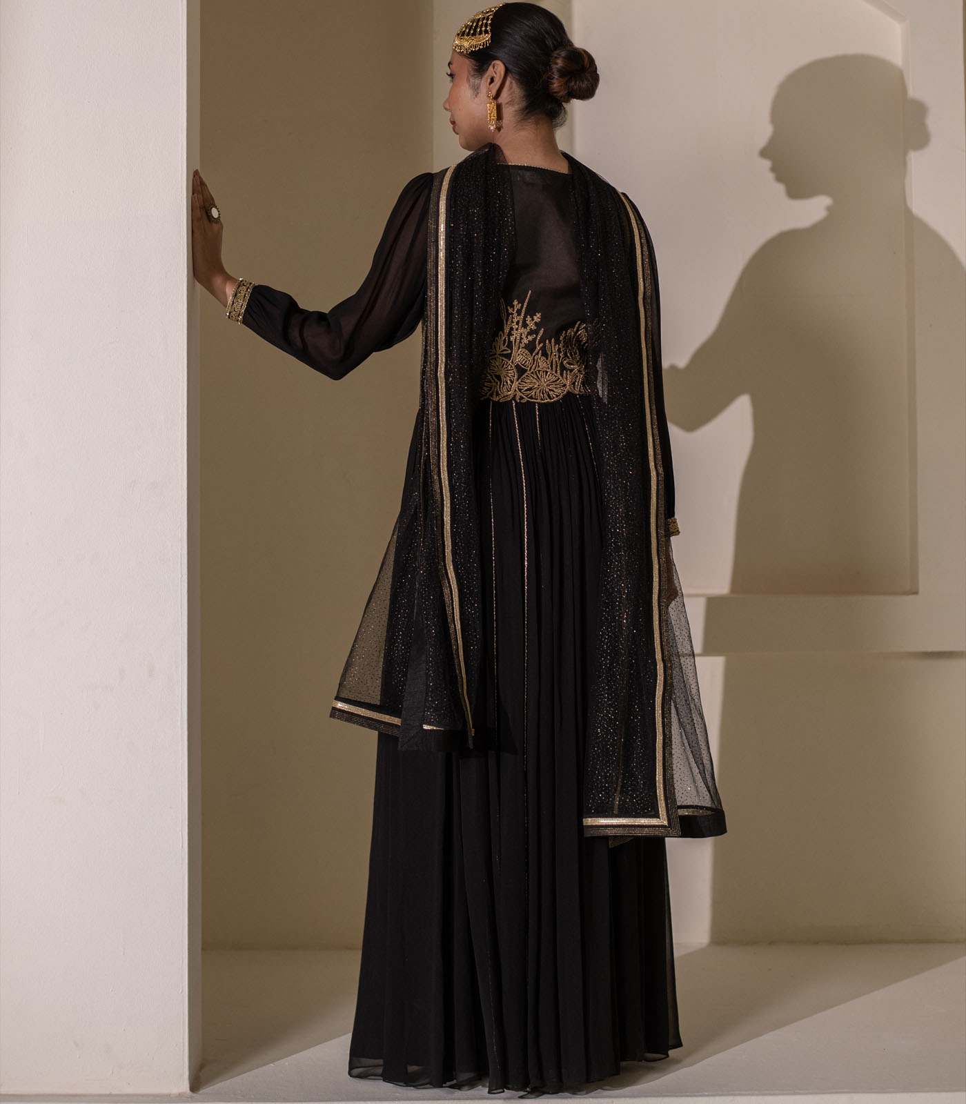Black Georgette Heavy Embellished V-Neck Anarkali Gown - Image 3