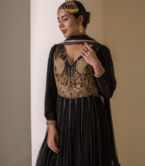 Black Georgette Heavy Embellished V-Neck Anarkali Gown