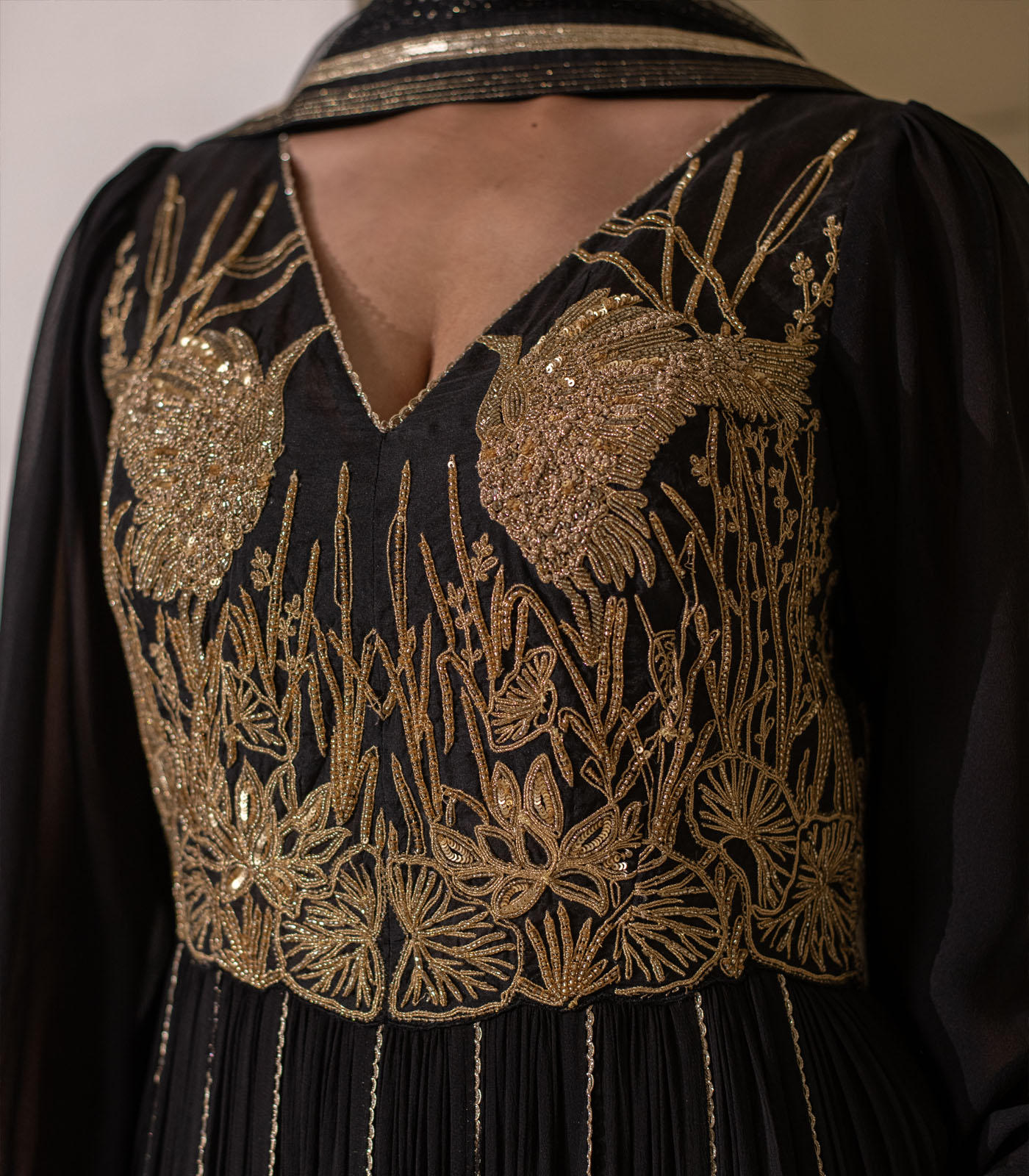 Black Georgette Heavy Embellished V-Neck Anarkali Gown - Image 5