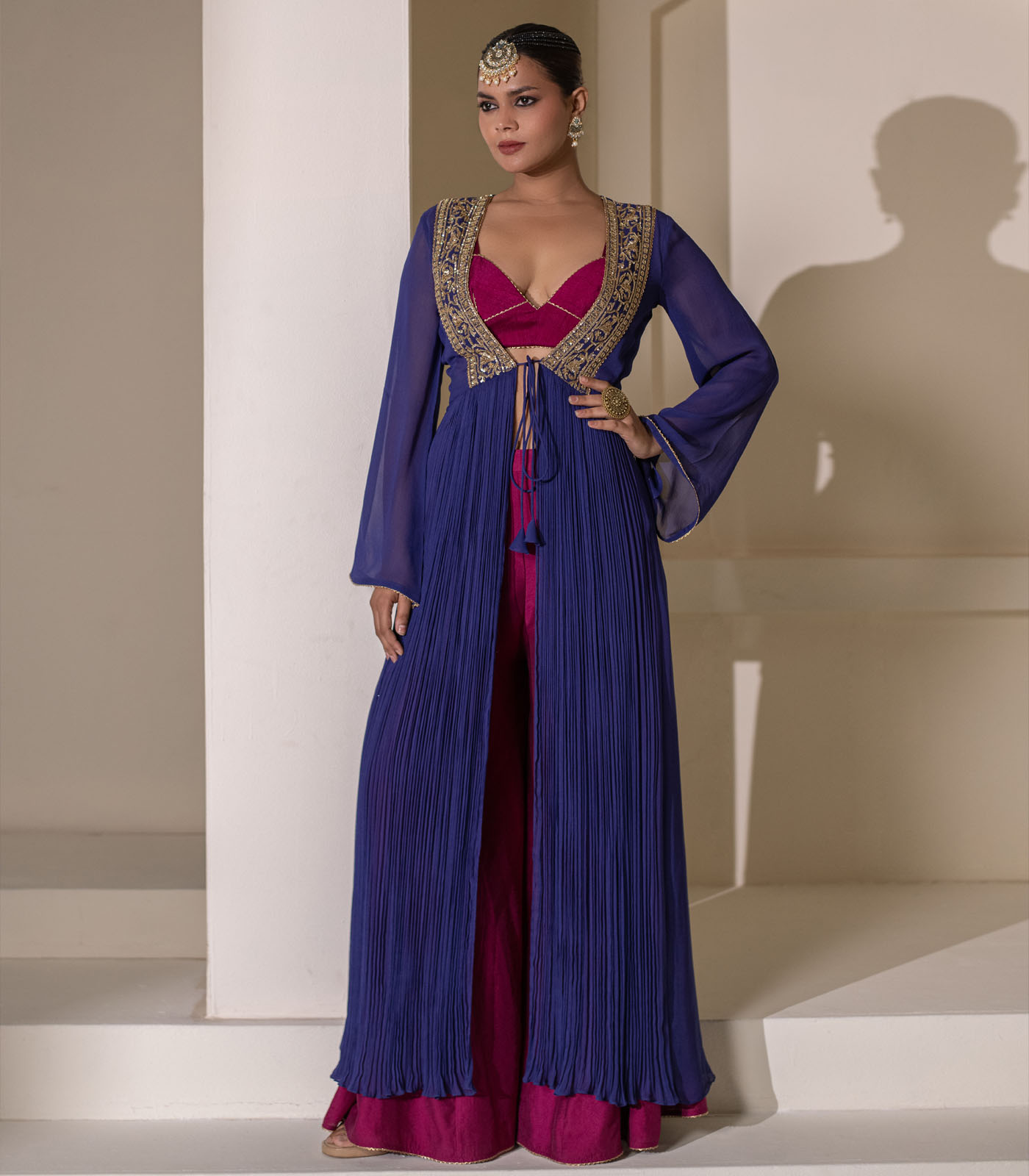Magenta and blue Sharara cape style jacket Set