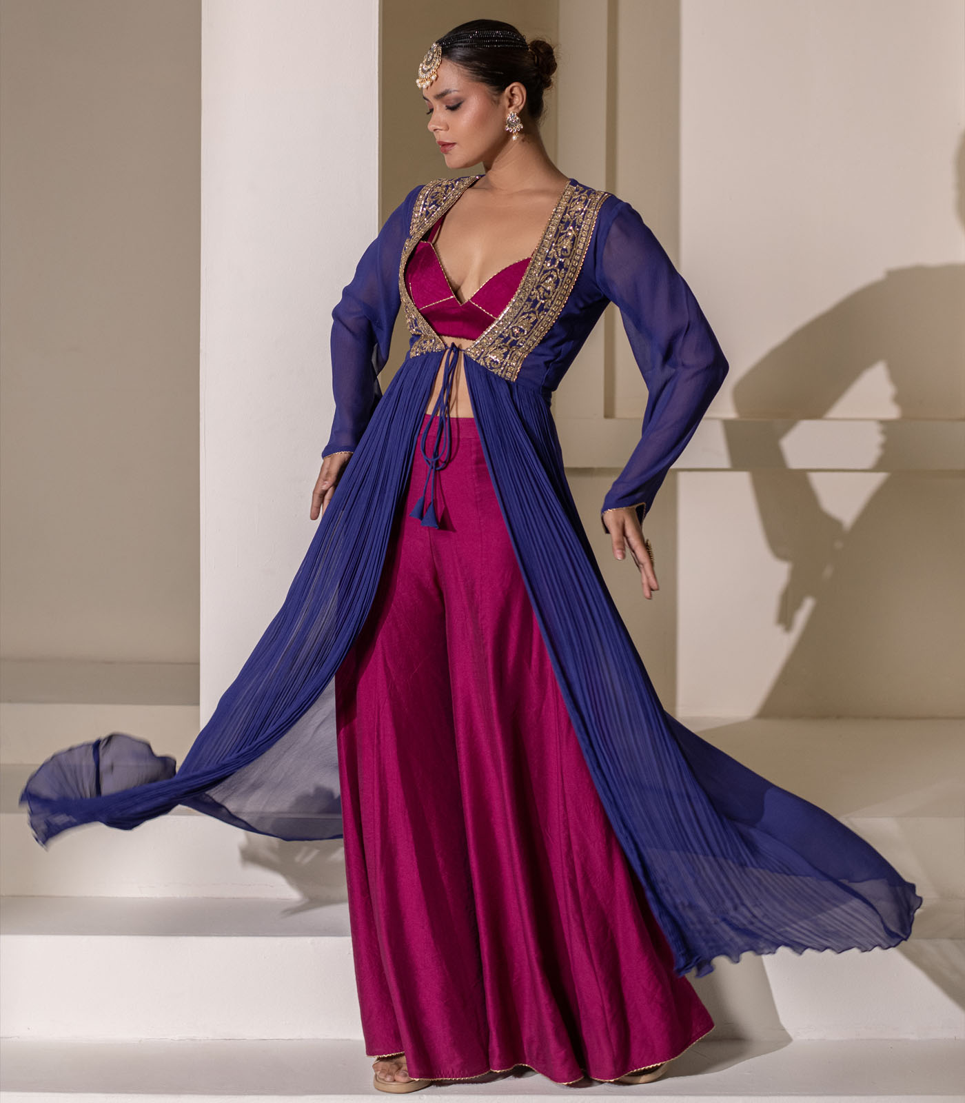 Magenta and blue Sharara cape style jacket Set - Image 3