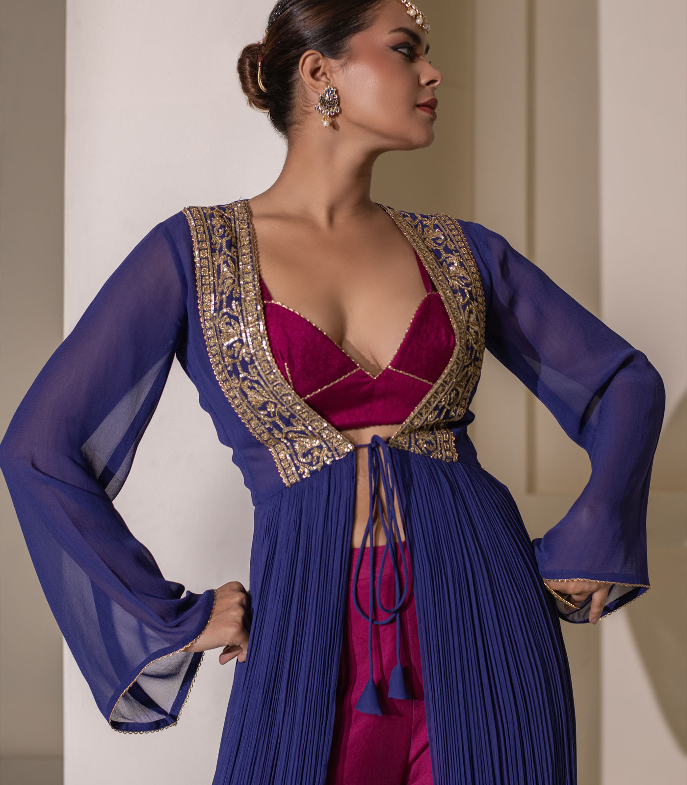 Magenta and blue Sharara cape style jacket Set - Image 4