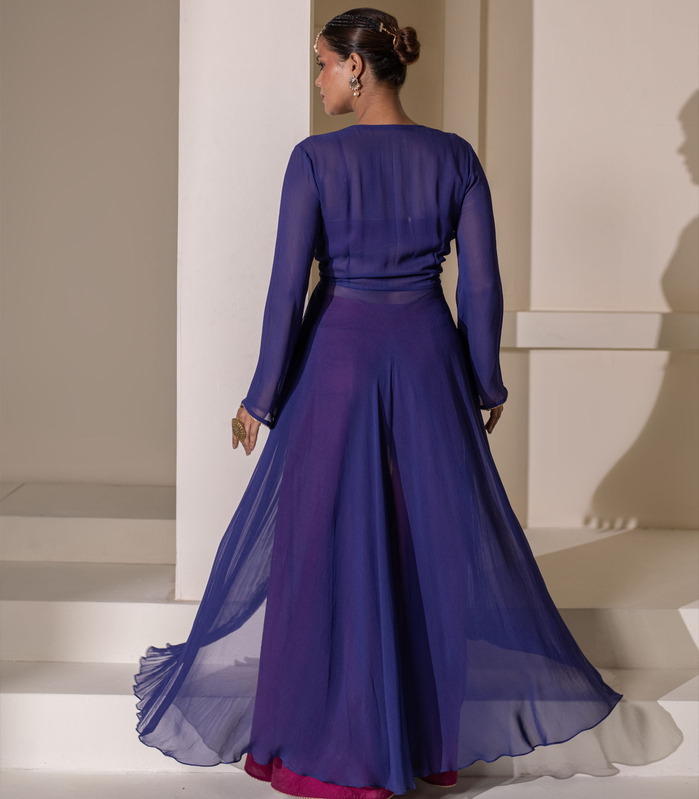 Magenta and blue Sharara cape style jacket Set - Image 2