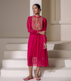 Fuchsia pink Embellished Yoke Georgette Kurta deigner Dress