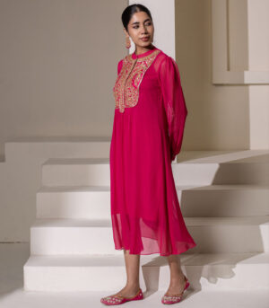 Fuchsia pink Embellished Yoke Georgette Kurta deigner Dress