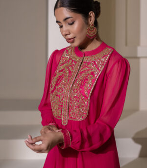 Fuchsia pink Embellished Yoke Georgette Kurta deigner Dress