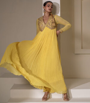 Yellow Georgette Sleeveless Gold Embellished Designer Anarkali Gown