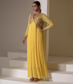 Yellow Georgette Sleeveless Gold Embellished Designer Anarkali Gown