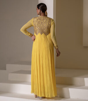 Yellow Georgette Sleeveless Gold Embellished Designer Anarkali Gown