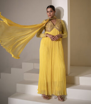 Yellow Georgette Sleeveless Gold Embellished Designer Anarkali Gown