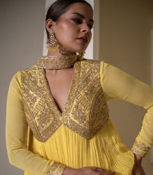 Yellow Georgette Sleeveless Gold Embellished Designer Anarkali Gown