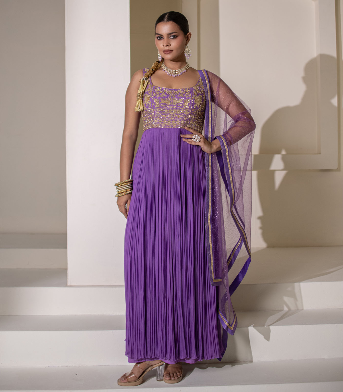 Light Purple Georgette Fully Embellished Gathered Anarkali Gown