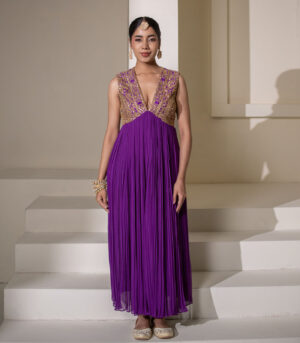 Purple Georgette Sleeveless Short Gathered Designer Anarkali Gown