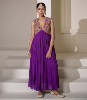 Purple Georgette Sleeveless Short Gathered Designer Anarkali Gown