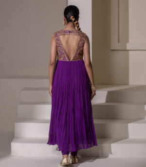 Purple Georgette Sleeveless Short Gathered Designer Anarkali Gown