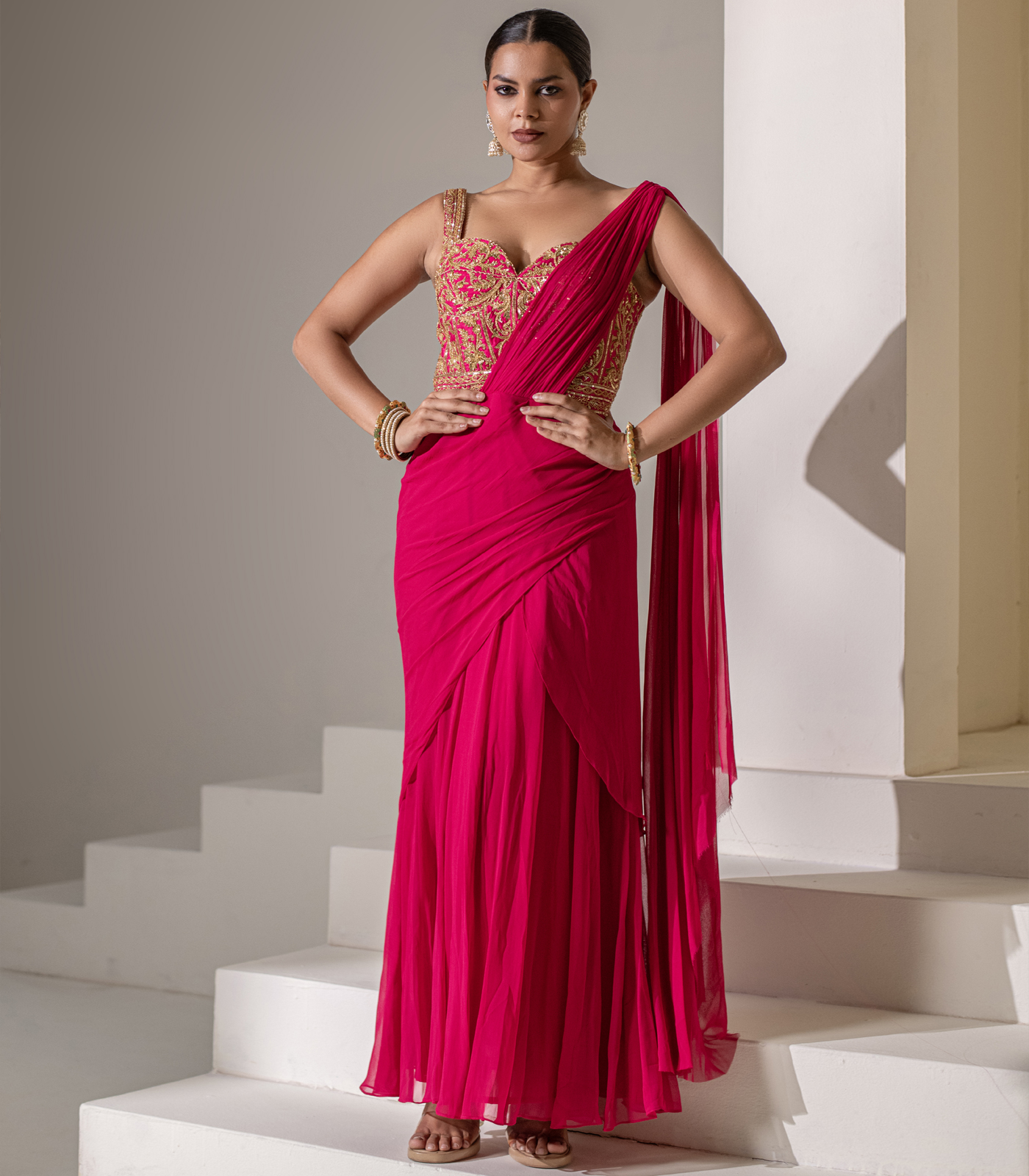 Fuchisa pink coorset saree