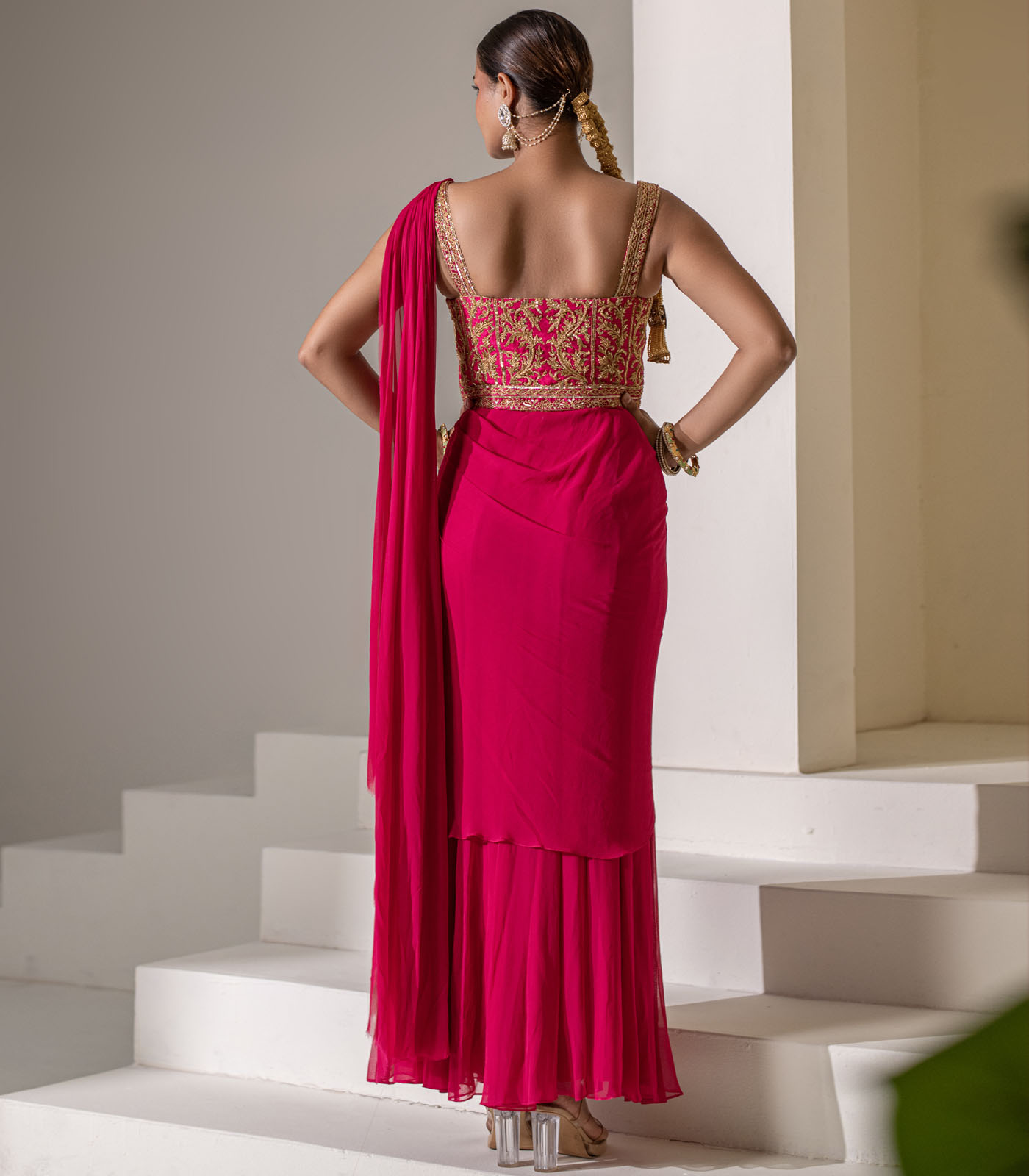 Fuchisa pink coorset saree - Image 4