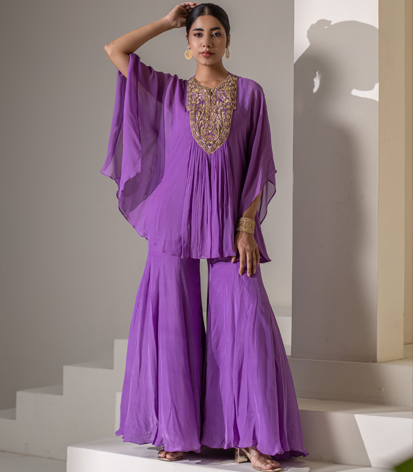 purple embro GEORGETTE kaftan tunic sharara set - Image 2