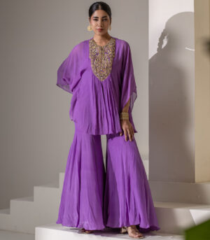 purple embro GEORGETTE kaftan tunic sharara set
