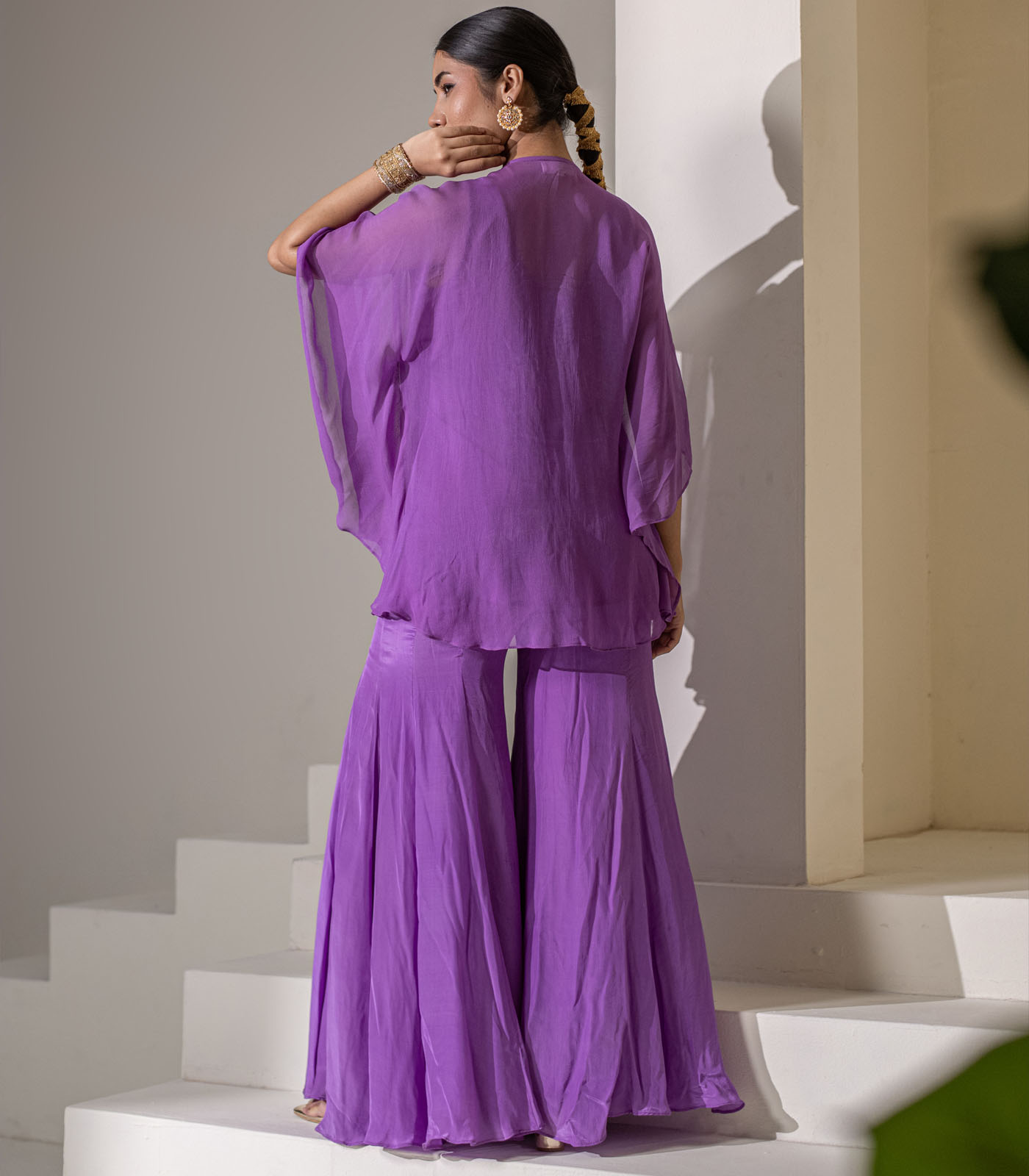 purple embro GEORGETTE kaftan tunic sharara set - Image 4