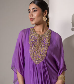 purple embro GEORGETTE kaftan tunic sharara set
