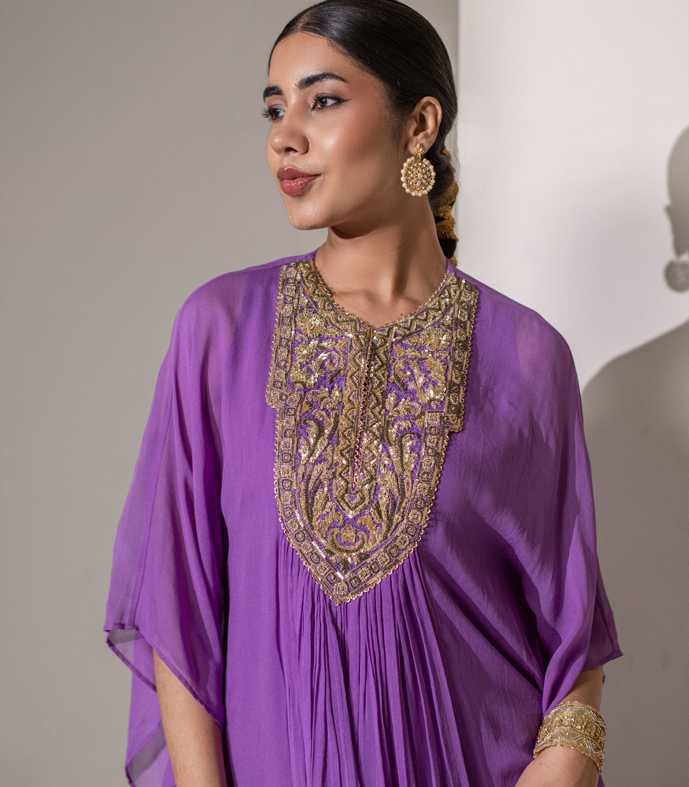 purple embro GEORGETTE kaftan tunic sharara set - Image 5